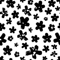 Patterns watercolor strokes flowers asters daisies snowflakes.Seamless black on white background grunge texture vector. Hand drawn silhouettes of spring chrysanthemum flowers motifs in dry brush 