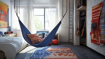 A stylish bedroom features a hanging hammock, colorful rug, and eclectic decor, creating a relaxed and bohemian atmosphere. Sunlight streams through a large window