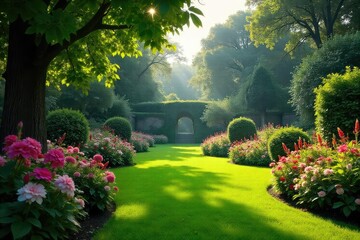Fototapeta premium Sun-Dappled Victorian Garden in Full Bloom Romantic & Elegant Flowers, Lush Lawns, Perfect for Historical, Nature, and Wedding Projects