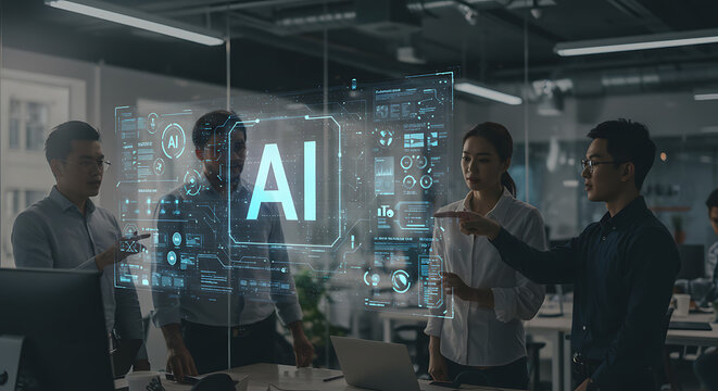 Business Team Discussing Artificial Intelligence AI in Modern Office with Holographic Interface