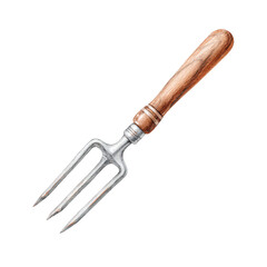 Fototapeta premium Watercolor painting of garden fork with wooden handle and metal prongs showing rustic charm and practical design for gardening tasks