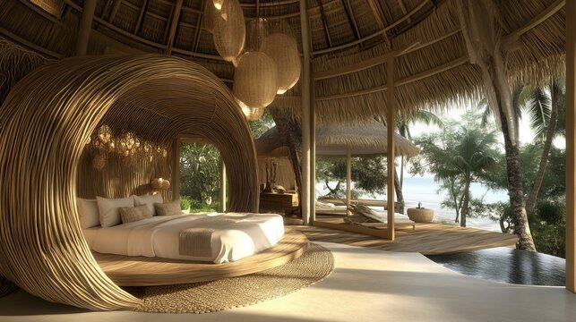 Luxurious beachfront bedroom with unique bamboo architecture, offering stunning ocean views and private plunge pool