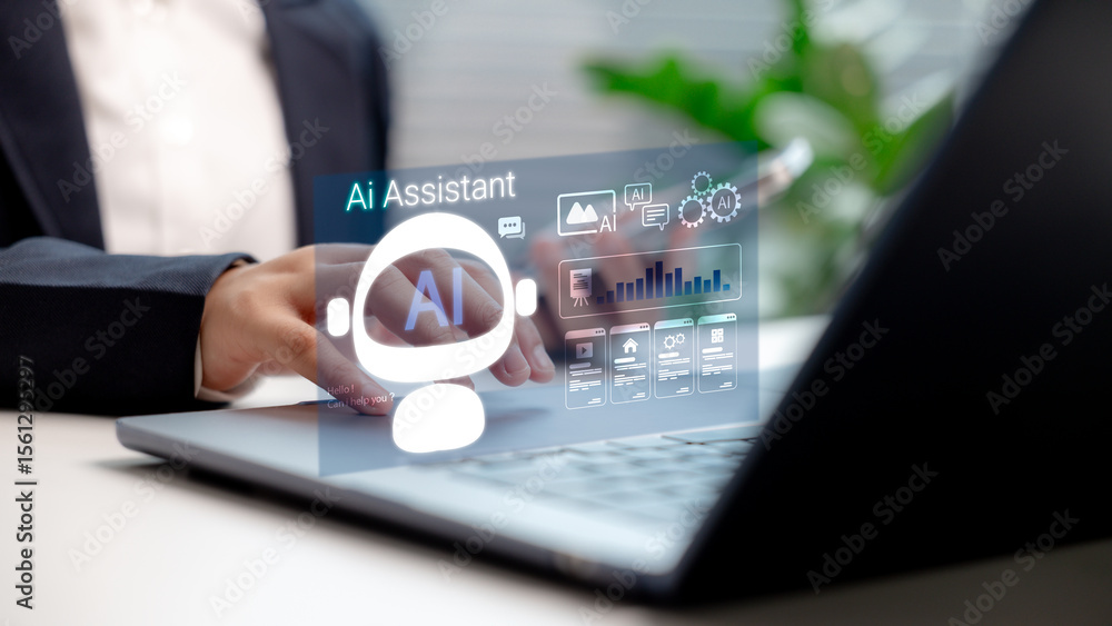 Poster business professional using ai assistant interface on laptop, showcasing virtual chatbot technology,