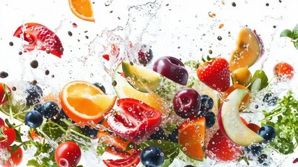 A colorful fruit salad with a splash of water. The fruits include apples, oranges, and blueberries