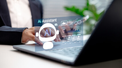 Business professional using AI assistant interface on laptop, showcasing virtual chatbot technology, digital dashboard, and smart support tools for workplace productivity.