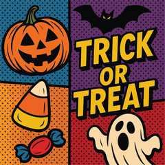 Vintage Halloween poster design with vector ghost, pumpkin character. 