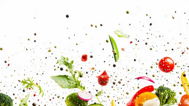 A colorful assortment of vegetables and fruits are scattered across a white background. Concept of abundance and freshness, showcasing the variety of healthy foods available