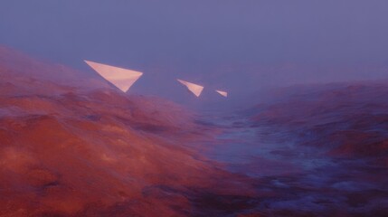Colossal floating crystalline prisms hover over barren ash valley with fractured plateaus under ghostly sky, spectral refracted light and ominous stillness create surreal sci-fi landscape