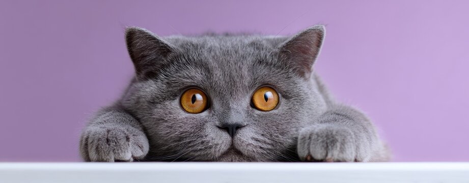 The adorable gray cat with striking orange eyes peeking over a surface.
