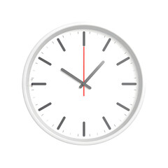 Modern white wall clock with red second hand isolated on transparent background
