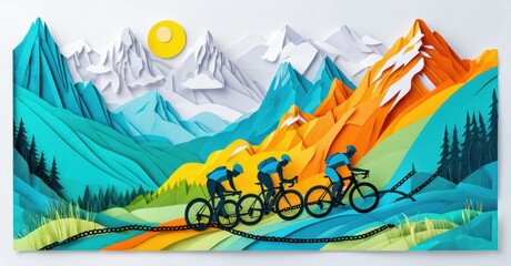 Papercraft cyclists race through vibrant mountains. Sun shines above layered landscape, creating dynamic visual effect. Green fields, blue peaks.