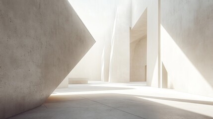 Obraz premium Sunlit minimalist concrete structure; geometric forms, shadows, and spacious interior create a serene and modern atmosphere