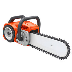 Modern orange chainsaw with black handle and silver chain isolated on transparent background