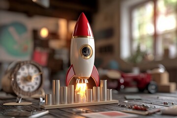 Toy rocket ship takes off in a workshop scene, embodying dreams of flight, exploration and the excitement of vintage space travel.