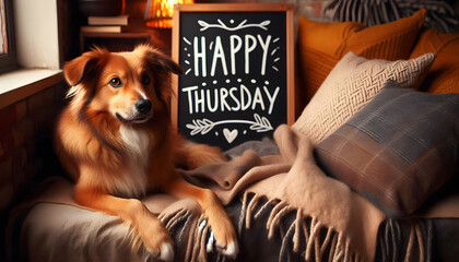 Happy Thursday Pet Moment. A dog lounging on a throw blanket next to a chalkboard sign that says “Happy Thursday” in cute script.