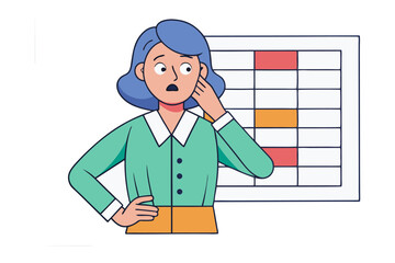 Confused woman with blue hair stares at a grid chart with red and orange cells hand on her forehead