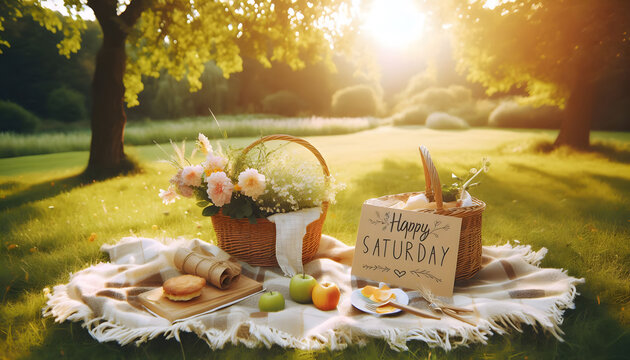Happy Saturday Park Picnic. A cheerful park picnic scene with blanket, food basket, flowers, and a note reading “Happy Saturday”, sunny outdoor vibe.