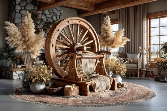 Rustic wooden spinning wheel and thread high resolution photo
