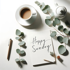 Happy Sunday Minimal Scene. A modern minimalistic flatlay with coffee, eucalyptus leaves, and “Happy Sunday” text on clean background.