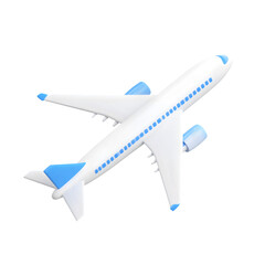 Obraz premium Modern white passenger airplane with blue accents flying isolated on transparent background