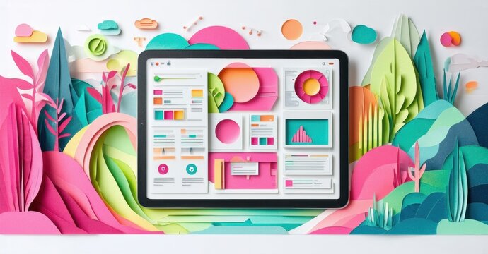 Colorful papercraft landscape surrounds tablet displaying data visualizations. Bright hues, whimsical design, modern aesthetic.