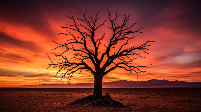 The stark silhouette of a leafless tree with exposed roots dominates the foreground Behind it a dramatic desert sunset paints the sky in fiery oranges reds and purples - Powered by Adobe