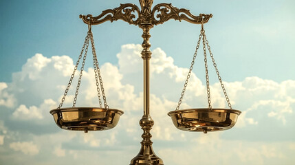 An ornate golden balance scale with two empty pans hangs suspended against a backdrop of a clear blue sky filled with soft white clouds symbolizing fairness and equilibrium