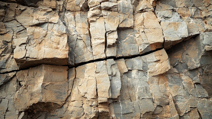 Fototapeta premium Black line cutting through the cracks of a weathered rock wall, adding contrast and depth to the surface