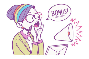 Excited woman reacts with astonishment to a surprise bonus announcement delivered via email and megaphone