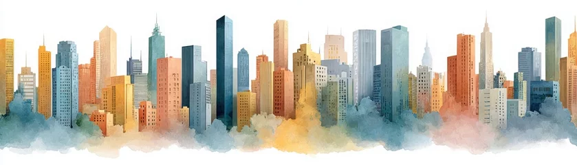 Papier peint photo intissé A vibrant watercolor painting of a city skyline with diverse skyscrapers rising above misty clouds in warm and cool tones.