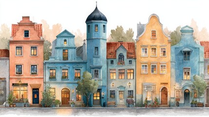 Obraz premium A charming watercolor illustration of colorful, quaint European-style townhouses with unique architectural details and lush greenery in front.