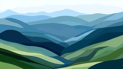 Serene landscape of layered, blue and green mountains under a hazy sky, creating a sense of depth and tranquility