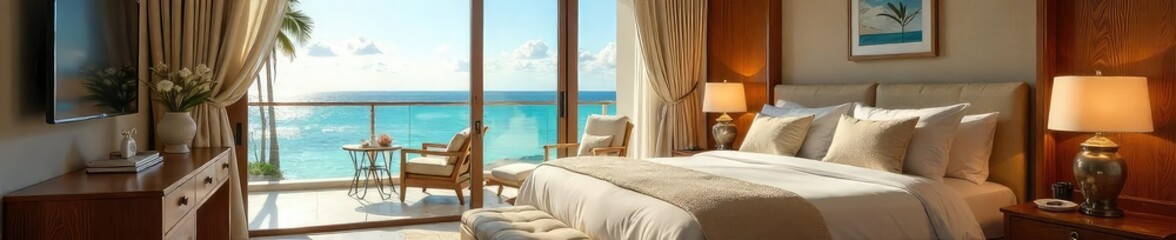 Naklejka premium Luxurious Honeymoon Suite with Ocean View King Bed, Private Balcony, Romantic Getaway