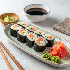 Delicious Fresh Sushi Rolls with Wasabi, Ginger, and Soy Sauce on a Ceramic Plate