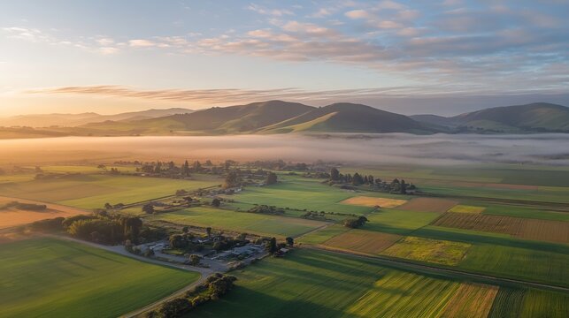 Serene sunrise over a fog-shrouded valley, revealing a patchwork of farmland and rural settlements nestled amongst rolling hills