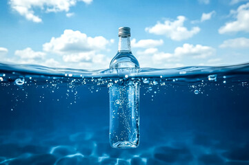 A clear glass bottle half submerged in vibrant blue water features rising bubbles Above the water's surface a bright sky with scattered clouds creates a serene and refreshing scene