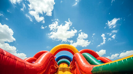 A low-angle view captures the excitement of a multi-colored inflatable slide its vibrant red yellow blue and green structures curving upwards towards a clear blue sky