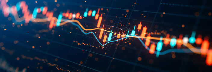 Abstract financial chart with lines and points against a dark blue background.