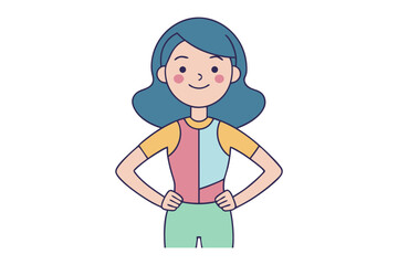 Confident Young Woman: A cheerful illustration of a young woman with blue hair, standing confidently with hands on hips, wearing a stylish two-toned top and mint green pants.