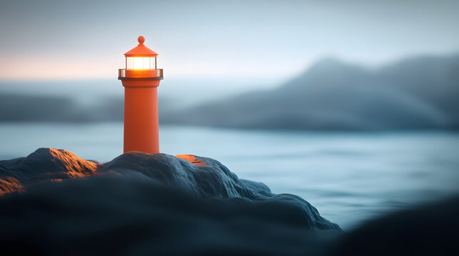 Red Lighthouse on Rocky Shoreline Illuminated at Dawn with a Misty Background