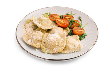 Plate of tasty ravioli with tomatoes and cheese on white background