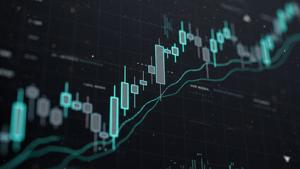 Candlestick chart showing financial market data with upward trend on dark background.