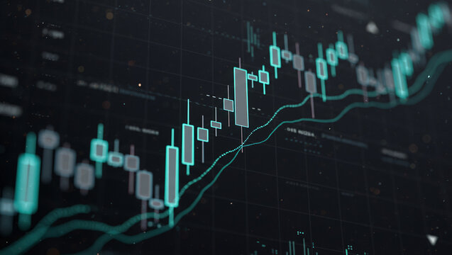 Candlestick chart showing financial market data with upward trend on dark background.