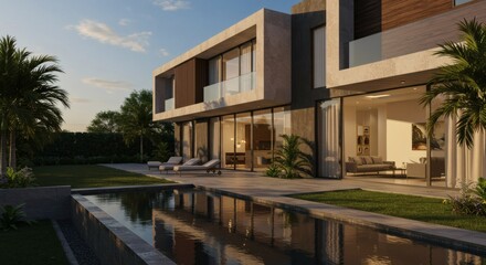 Fototapeta premium Luxury Modern Villa Design Architectural Masterpiece with Pool and Palm Trees
