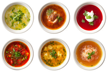  Soups of different types isolated on a transparent background