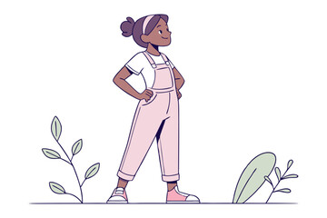 Self-Assured Stance: A confident young woman stands tall, hands on hips, radiating determination. This illustration captures a sense of empowerment, self-reliance, and quiet strength. 
