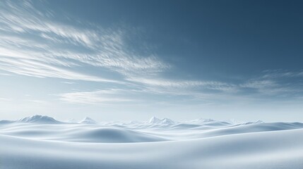 Serene arctic landscape showcasing a vast expanse of snow-covered plains under a pale sky, with distant mountains barely visible on the horizon