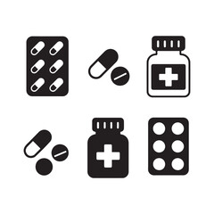 Medicine pills blister bottle icon set pharmacy healthcare vector