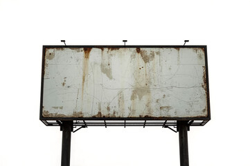 An old weathered billboard with a blank dirty surface and rusted edges is supported by metal poles against a white sky
