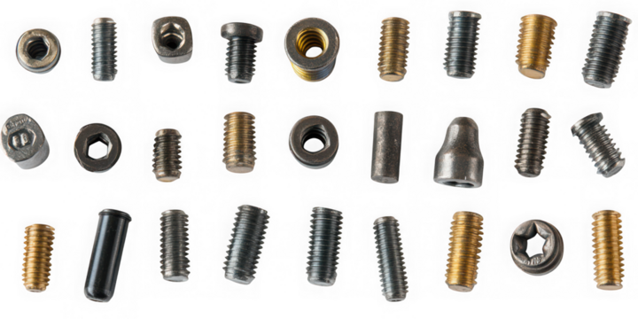 Collection of various metal fasteners and hardware components isolated on transparent background